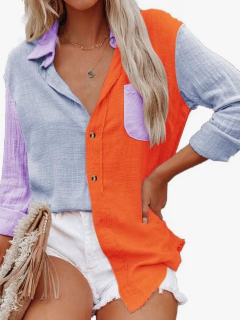 A lightweight colorblock button-up blouse in orange, light blue and lavender. Fe